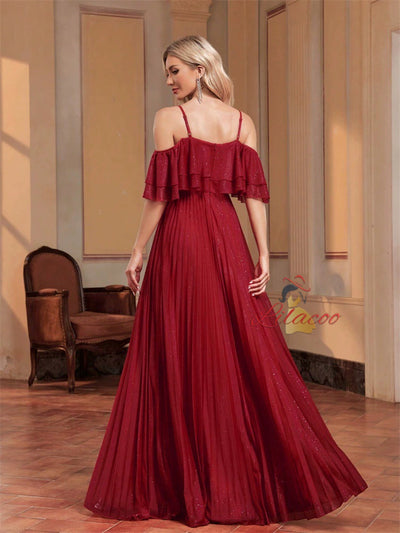 Red Spaghetti Straps Pleats Prom Dress