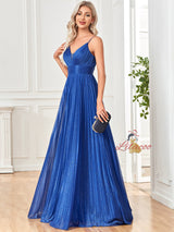 Royal Blue Straps Pleats Prom Dress