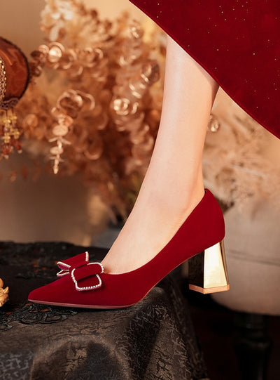 Thick Bow Red Wedding Shoes