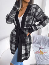 Plaid Lantern Sleeve Cardigan Sweater Coat