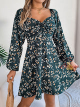 Sexy Square Collar Floral Long Sleeve Dress