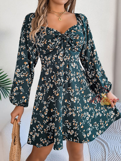 Sexy Square Collar Floral Long Sleeve Dress