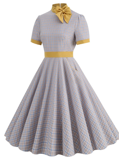 Retro Stand-up Collar Contrast Bow Plaid Dress