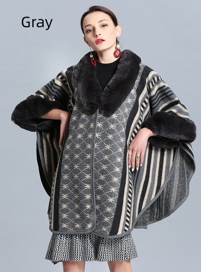 Fur Collar Knitted Shawl Cloak Coat