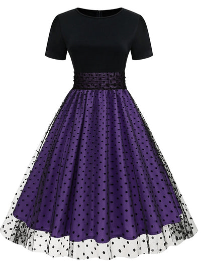 Round Neck Short Sleeve Polka-dot Retro Dress