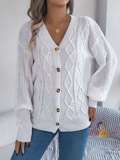 Casual V-neck Lantern Sleeve Button Sweater Coat