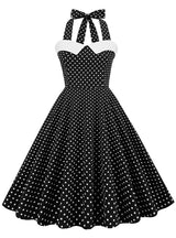 Retro Polka-dot Stitching Halter Big Swing Dress