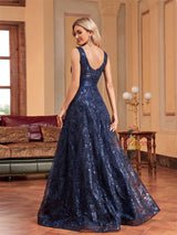 Navy Blue Sequins V-neck Prom Dress