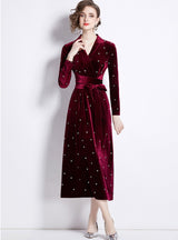 Hot Rhinestone Velvet V-neck Slim Dress