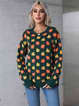 Leaves Print Christmas Crewneck Sweater