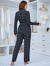 Plaid Long Sleeve Deep V-neck Two-piece Suit