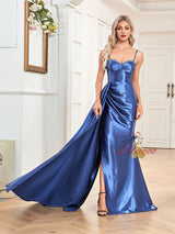 Blue Satin Straps Split Prom Dress