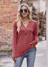 Casual V-neck Button Long Dleeve T-shirt