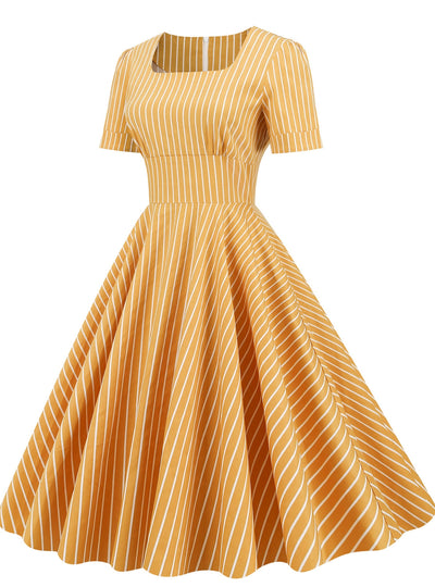 Retro Square Collar Striped Slim Dress