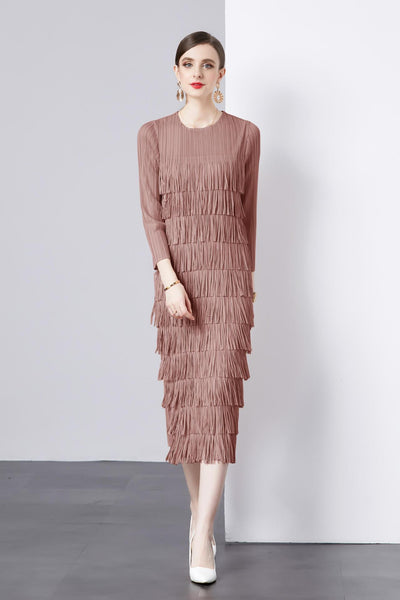 Long Sleeve Cake Pleated Fringed Dress