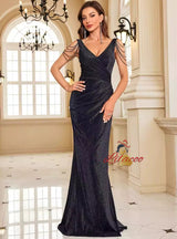 Black V-neck Pleats Beading Prom Dress