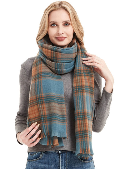 Women Retro Blue Plaid Scarf