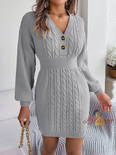 Button V-neck Twist Sweater Dress