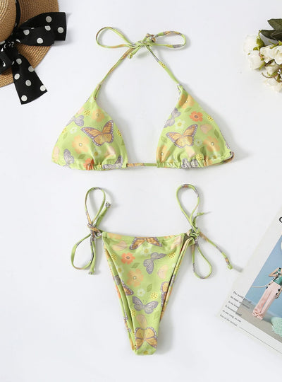 Light Green Butterfly Print Three-point Bikini