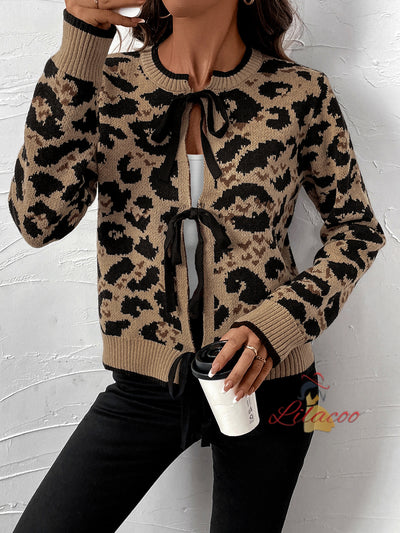 Leopard Bow Tie Knitted Sweater