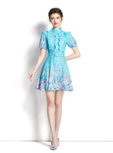 Lantern Sleeve Short Ruffled Printed Dress