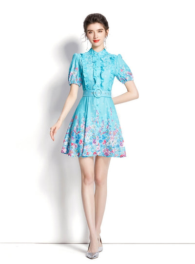 Lantern Sleeve Short Ruffled Printed Dress