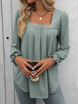 Bubble Sleeve Square Neck Pleated Long Sleeve T-shirt