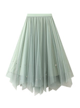 High Waist Slim Irregular Pleated Beaded Gauze Skirt