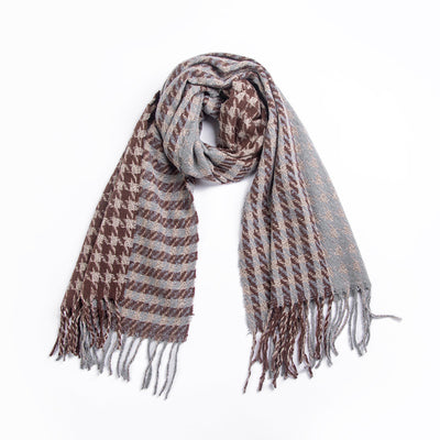 Brown Houndstooth Scarf Fringed Shawl