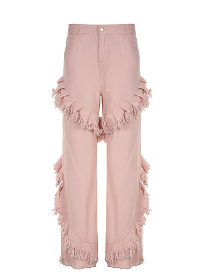 Irregular Fringed High Waist Straight Jeans