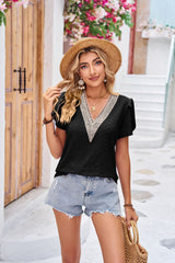 V-neck Lace Stitching Short Sleeve Loose T-shirt