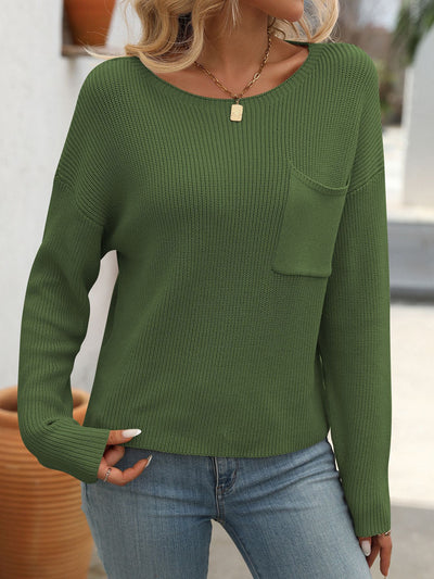 Round Neck Pocket Long Sleeve Sweater