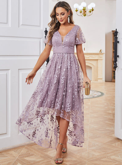 Purple Lace V-neck Puff Sleeve Prom Dress