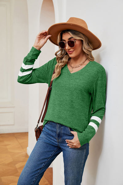 V-neck Contrast Stitching Long Sleeve T-shirt