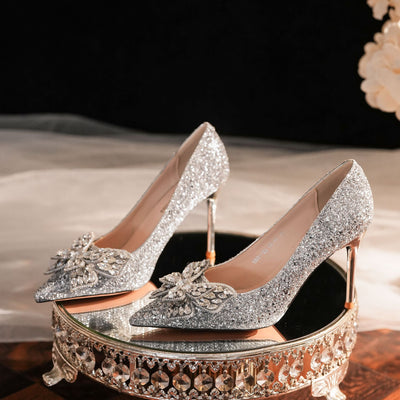 Rhinestone Bow Sequined Wedding Shoes