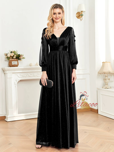 Long Sleeve Slit V-neck Prom Dress