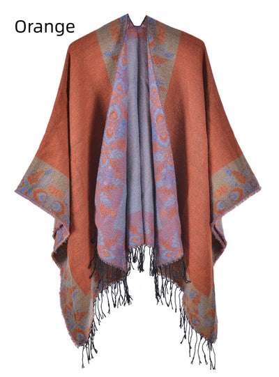 Split Shawl Warm Fringed Cloak Scarf