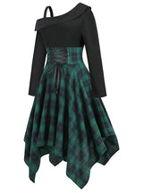 Irregular Plaid Long Sleeve Stitching Dress