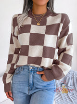 Contrast Check Long Sleeve Knitted Sweater