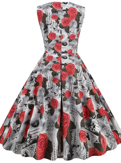 Women Round Neck Sleeveless Retro Print Dress