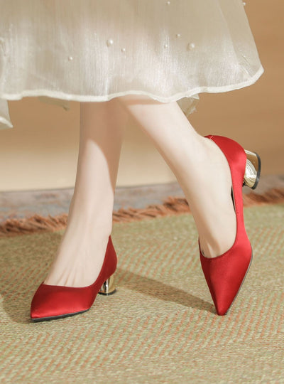 Thick-heeled Satin Tips Shoes