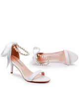 7 cm White Beaded Ribbon Stiletto Sandals