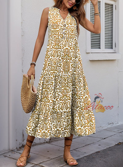 V-neck Button Printed Sleeveless Dress