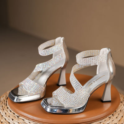 Rhinestone Platform Thick Heels Sandals