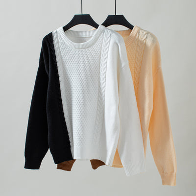 Contrast Round Neck Twisted Long Sleeve Sweater