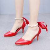 7 cm Thin Heel Rhinestone Beaded Ribbon Sandals