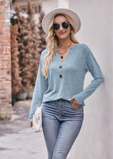 Casual V-neck Button Long Dleeve T-shirt