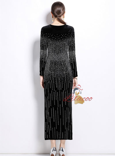 Velvet Rhinestone Long Sleeve Slim Dress