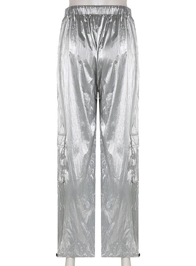 Pocket Silver Glossy High Waist Slacks