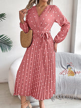 V-neck Pleated Polka Dots Long Dress